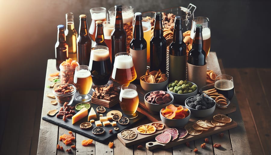 A rustic wooden table with an array of craft beer bottles and glasses, accompanied by a variety of freeze dried snacks, including fruits, meats, and cheeses.