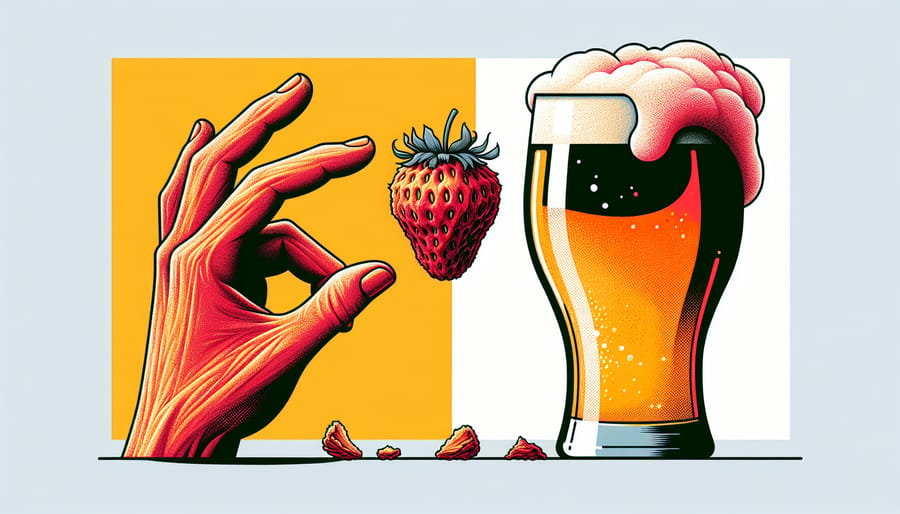 Close-up illustration of a hand reaching for a freeze dried strawberry next to a glass of hoppy IPA, highlighting the pairing of textures and flavors.