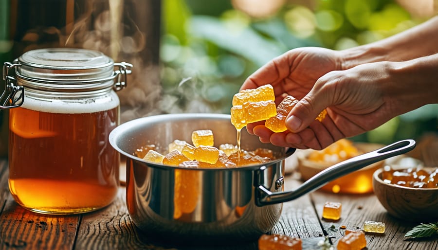 Hands melting THC gummies in a saucepan with homebrewing equipment visible in the background, symbolizing the integration of cannabis into homebrew craft within a Canadian context.