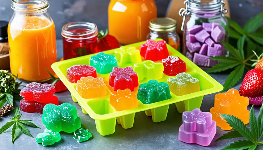 Colorful silicone molds filled with homemade cannabis-infused THC gummies, surrounded by ingredients like cannabis leaves and cooking items on a kitchen counter.