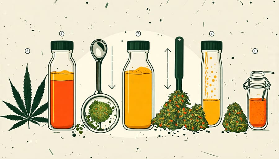 The process of infusing cannabis into edible forms shown in multiple steps with kitchen equipment