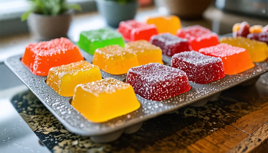 Finished cannabis-infused THC gummies setting in colorful silicone molds