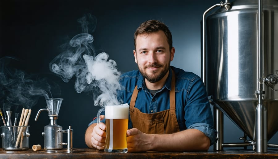 A Canadian brewmaster in a brewery setting with modern brewing equipment