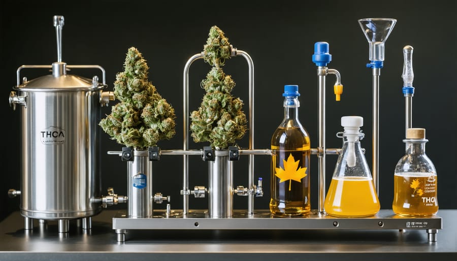 Homebrewing equipment arranged with high-quality THCA buds, symbolizing the creative and innovative nature of crafting THCA-infused beverages at home in Canada.