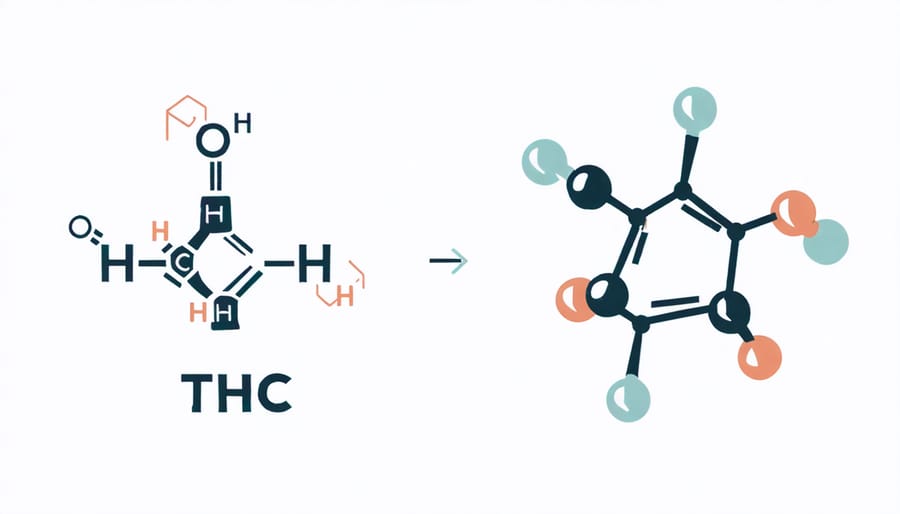 Molecular structures comparing THCA and THC highlighting differences