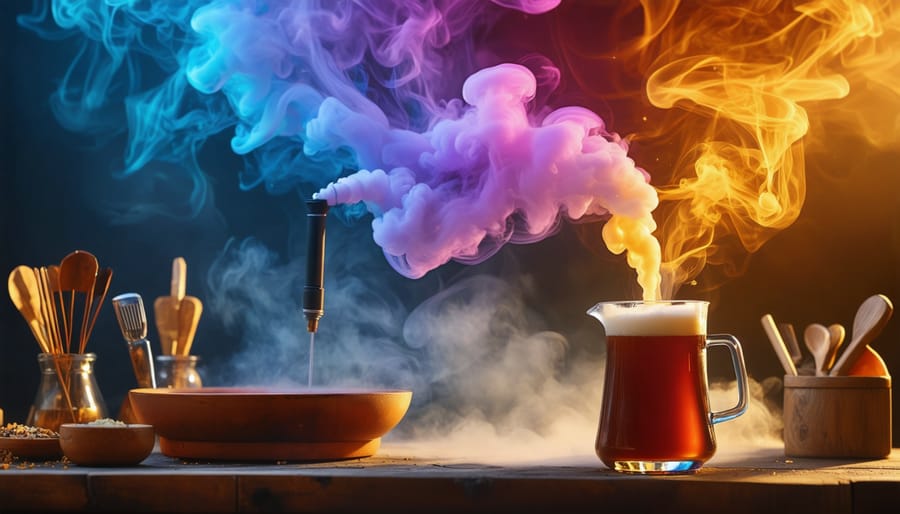 Illustration depicting a vaping device with vibrant vapor trails merging with a brewing kettle, symbolizing the fusion of vaping technology and homebrewing innovation.